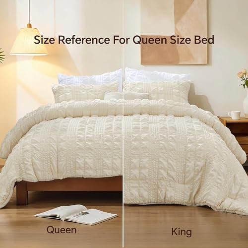 BEDELITE Queen Comforter Set, Seersucker Bedding Set 3 Pieces, Cream | All Season Use, Machine Washable, Soft and Lightweight, Ruched Comforter for Bedroom, Wrinkle-Resistant, Cozy and Stylish thumbnail 6