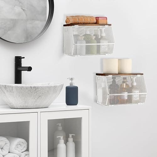 Teenyyou 2 Pcs Stackable Mesh Fruit Basket with Lid Wall Produce Vegetable Storage Basket Onion Potato Snack Hanging Metal Wire Container for Kitchen Counter Pantry(Non-removable,White,7.1"w & 11.8"l) thumbnail 6