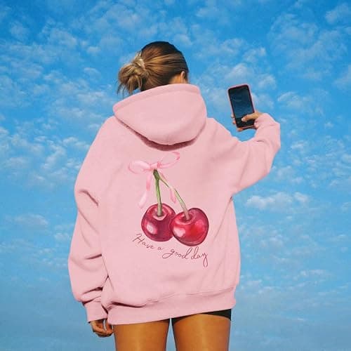 Tuislay Womens Cute Cherry Graphic Hoodie Ribbon Bow Printed Sweatshirt Drop Shoulder Aesthetic Pullover Hoodies With Pocket thumbnail 3