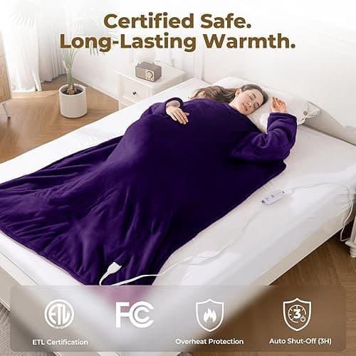 Kozyus Wearable Heated Blanket with Foot Pocket & Sleeves, Electric Blanket Heated Robe for Women & Men, 5 Heat Settings, 3H Auto-Off, Machine Washable, ETL Certified, Gift-Ready, 50x70 inches, Purple thumbnail 7