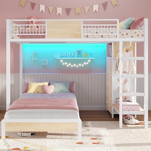 ADORNEVE Full Over Twin Bunk Bed with 8 Storage Drawers, Metal Loft Bed with Led Lights & Storage Shelves, Bunk Beds Twin over Full Size with 13.4" H Safety Guardrail & Ladder, for Kids & Teens, White - Image 1