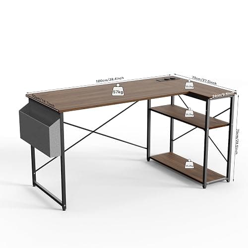 TIQLAB Small Computer Desk with Power Outlets, 40 Inch L Shaped Desk with Reversible Shelves, Gaming Desk Corner Desk Study Writing Desk for Home Office Bedroom Small Space, Walnut thumbnail 3