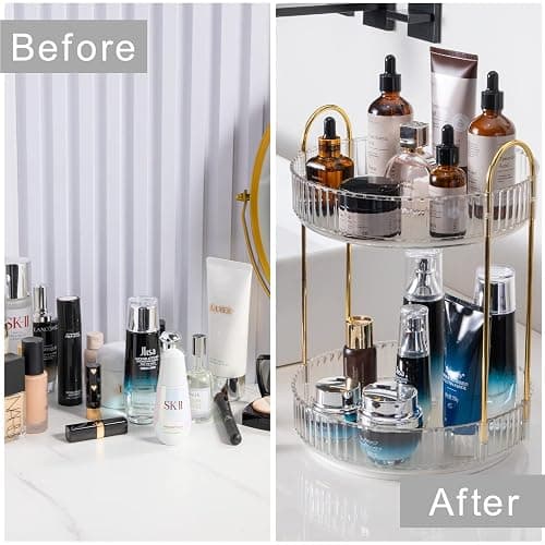 shuang qing Rotating Makeup Organizer for Vanity, High-Capacity Skincare Clear Make Up Storage Perfume Organizers Cosmetic Dresser Organizer Countertop 360 Spinning (Clear, 2 Tier) thumbnail 4