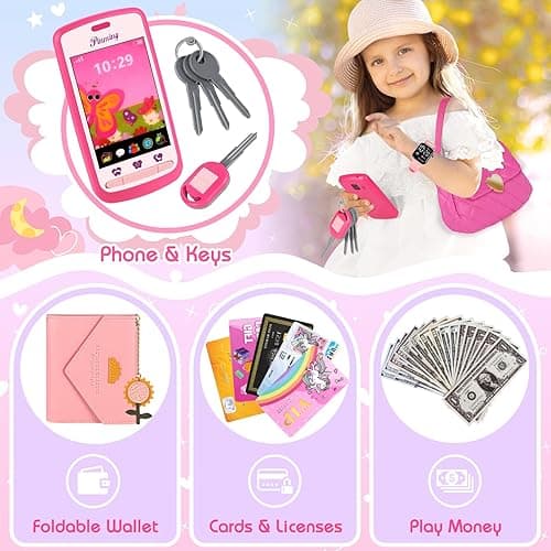 Kids Play Purse for Little Girls Toddlers, Toy Purse with Accessories, Wallet, Fake Phone, Fake Makeup Toys & Play Jewelry, Toddler Pretend Play Toys for Girls, Little Girl Gifts Age 3 4 5 6 Year Old thumbnail 3