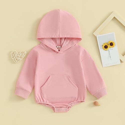 Covvoliy Newborn Baby Boy Girl Hooded Romper Long Sleeve Front Pocket Solid Color Hoodie Bodysuit Fall Winter Outfit thumbnail 2