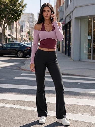 Aoysky Womens Off Shoulder Halter Crop Tops Long Sleeve Shirts Built in Bra | Wide U neckline, contrast color block halter neck, cropped tops, removable pads, workout yoga shirts, faux layered thumbnail 4