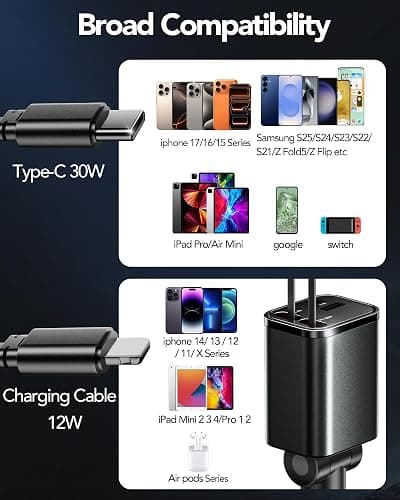 Retractable Car Charger Adapter for iPhone 17,4 in 1 Fast Charging Car Phone Charger,69W USB C Car Truck Accessories,Road Trip Essentials Gift for Men Women for iPhone 17 Pro Max/16/15/14/13/12,Galaxy thumbnail 2