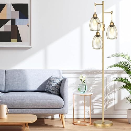 Dimmable Floor Lamp, Industrial Floor Lamps for Living Room, Gold Tree Lamp Standing Lamp Tall Lamps with 3 Elegant Teardrop Cage Head & 800 Lumens LED Bulbs for Living room Bedroom Office Dining Room thumbnail 8