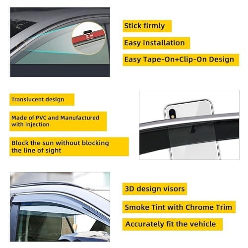 PLDDE Window Visors Compatible with 2008-2012 Accord Sedan 4-Door Smoke Tint with Chrome Trim Outside Mount Tape On/Clip On Style PVC Wind Sun Rain Guard Vent Deflector thumbnail 3
