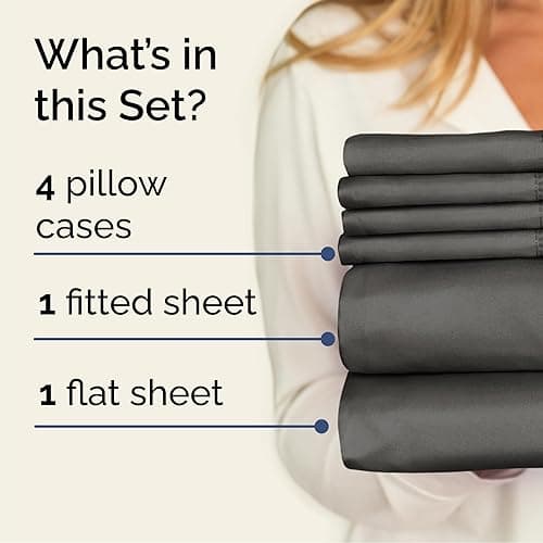 Queen 6 Piece Sheet Set - Cooling Sheets for Hot Sleepers - Hotel Luxury Bedding Set with 8-16 Inch Deep Pockets - 1 Flat & 1 Fitted & 4 Pillowcases - Ultra Soft, Easy Care & Wrinkle Free - Charcoal - Queen - 08 - Charcoal thumbnail 2