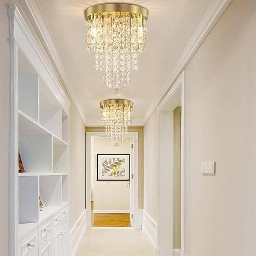TISLYCO Mini Gold Crystal Chandelier, 3 Light Modern Flush Mount Ceiling Light Fixture, Raindrop Ceiling lamp Beaded Crystal Pendant Lighting for Hallway, Bedroom, Living Room, Dining Room thumbnail 3