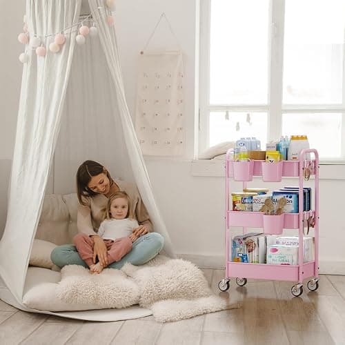 YASONIC 3-Tier Metal Rolling Cart, Heavy Duty Utility Cart with Lockable Wheels, Hanging Cups, Hooks, Mesh Rolling Storage Cart Craft Organizer, Lightweight and Sturdy, Pink thumbnail 2