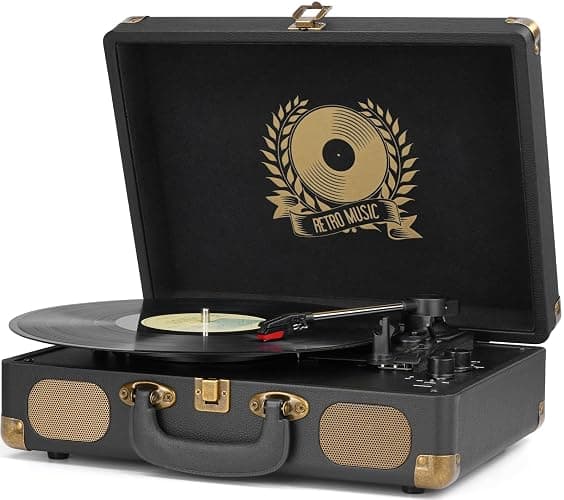 Mersoco Lecteur de disques vinyles Bluetooth 3 Vitesses Portable Classique, Sortie numérique USB, Vinyle numérique vers MP3, Haut-parleurs intégrés, RCA Line Out AUX sur Prise Casque Classique, Noir - Image 1