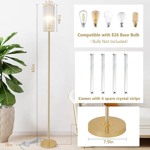 HMVPL Gold Floor Lamp for Living Room, Brass Pole Standing Lamp with K9 Crystal Shade, Modern Corner Standing Lamp for Bedroom with On/Off Switch, Elegant Crystal Tall Lamp for Office Kids Girls Room thumbnail 5