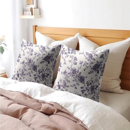 Lavender Purple Floral Pillow Covers 18x18 Inch Set of 2 Purple and Cream Chinoiserie Flower Outdoor Decorative Throw Pillows Vintage Rustic Toile Pillowcases Cushion Covers for Couch Home Decor thumbnail 7
