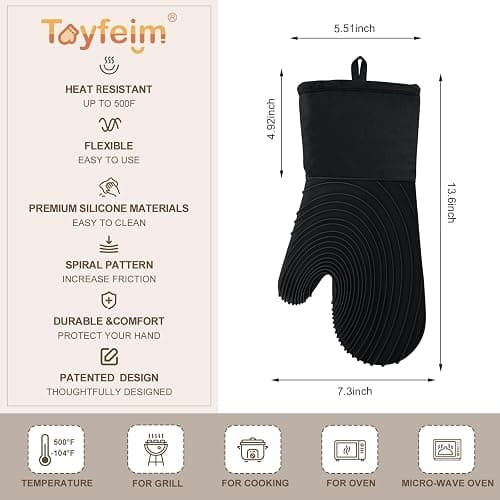Silicone Oven Mitts-13.6 in Extended Oven Mitts Heat Resistant 500F, Oven Gloves with Soft Liner Good Grippy BPA-Free Easy to Clean Flexible-Oven Mits Set for Cooking Baking Grilling BBQ-Black - Black thumbnail 5