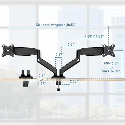 Mount-It! Dual Monitor Desk Mount – Full Motion Gas Spring Arms, Fits 13 to 32 Inch Screens, Holds 17.6 lbs per Arm, Dual Monitor Stand, VESA Mount, C-Clamp & Grommet Base thumbnail 9