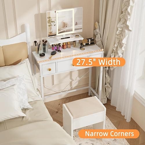 HIGDBFE Small Makeup Vanity Desk 27.5''W with Mirror and Lights, Vanity Desk with 3 Fabric Drawers and Height-Adjustable Stand, Vanity Table for Girls Gifts, Bedroom and Small Spaces, White thumbnail 5