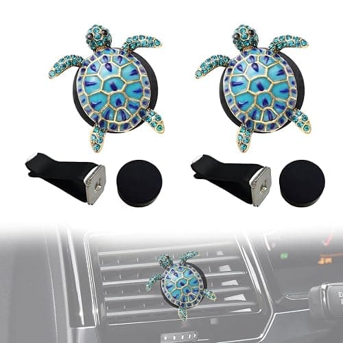 2PCS Beach Car Accessories, Crystal Cute Turtle Air Fresheners Diffuser Vent Clip, Bling Tortoise Car Air Vent Clips, Comes with 2 PCS Black Cars Air Vent Clips(Blue) - Image 1