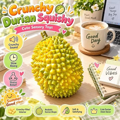 Crunchy Durian Squishy, ASMR Stress Ball Sensory Fidget Toy for Adults | Realistic Spiky Durian Shape, Soft, Moldable, Crunchy-Filled Interior for Office Desk, Study, Home, Travel and Novelty Gift thumbnail 2