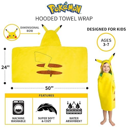 Pokemon Pikachu Bath and Beach Soft Cotton Terry Hooded Towel Wrap, 24" x 50", (Officially Licensed Product) by Franco thumbnail 2