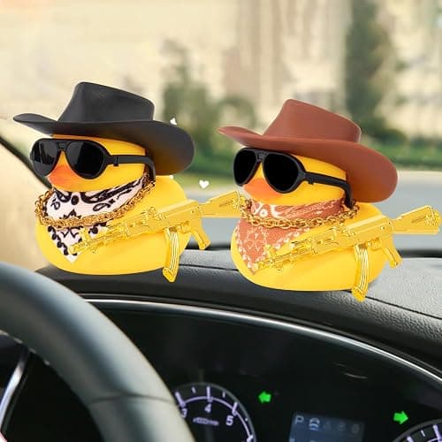 wonuu Rubber Duck Car Ornaments Duck Car Dashboard Decorations for Cool Car Accessories with Cowboy Hat Necklace and Sunglasses, A_Black Cowboy hat thumbnail 7