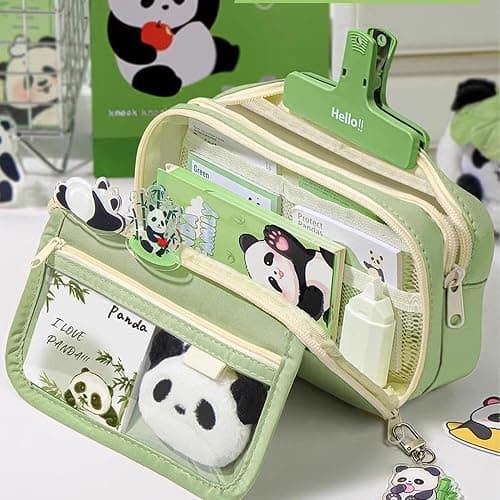 Large Capacity Panda Pencil Case, Multi-layer Cute Pencil Case for Girls, Zipper Pen Pouch Holder with Panda Keychain Brooch Notepad, Ka-waii Pencil Case, for Markers Erasers & Stationery Supplies thumbnail 5