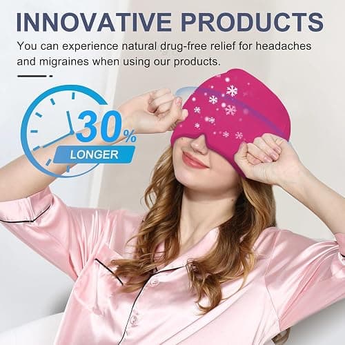 EXQUISLIFE Migraine Headache Relief Cap, Gel Ice Head Wrap, Hot and Cold Therapy, Headache Eyes Mask for Sinus, Puffy Eyes, Tension and Stress Relief (Hot Pink) thumbnail 2