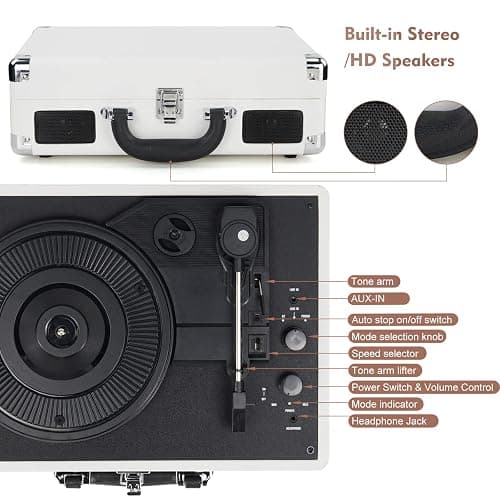 DIGITNOW! Turntable Record Player 3speeds with Built-in Stereo Speakers, Supports USB/RCA Output/Headphone Jack / MP3 / Mobile Phones Music Playback,Suitcase design thumbnail 4