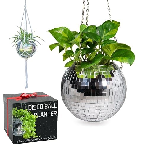 SCANDINORDICA Disco Ball Planter – Value Package: Disco Planter with Chain, Macrame Hanger and Acrylic Stand, Includes Self Watering Insert, Preppy Room Decor, Funky Decor | 8 inch Silver - Image 1