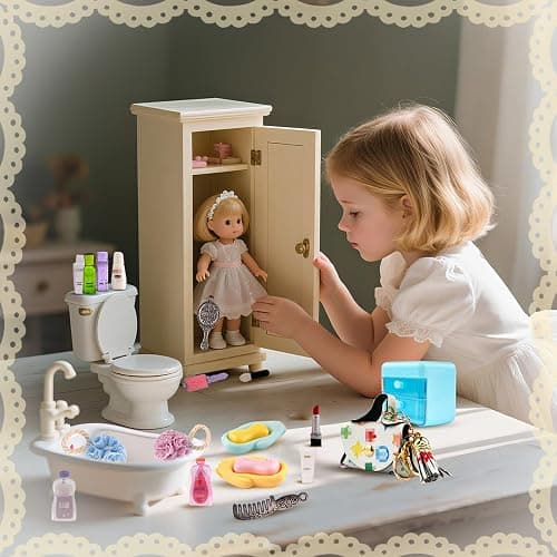 87Pcs Dollhouse Miniature Bathroom Accessories Cosmetic & Toilet Pretend Play Mini Makeup Set with Shampoo Perfume Hair Dryer Comb Purse Decor DIY Doll Backpack Glasses Photo Frame Salon Spa thumbnail 7
