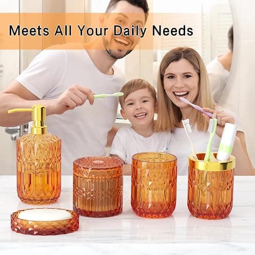 Orange Glass Bathroom Accessories Set 5 Pcs, Orange Bathroom Set, Soap Dispenser and Toothbrush Holder Set, Qtip Holder Set, Vintage Bathroom Sink Set, Cute Bathroom Decor thumbnail 2