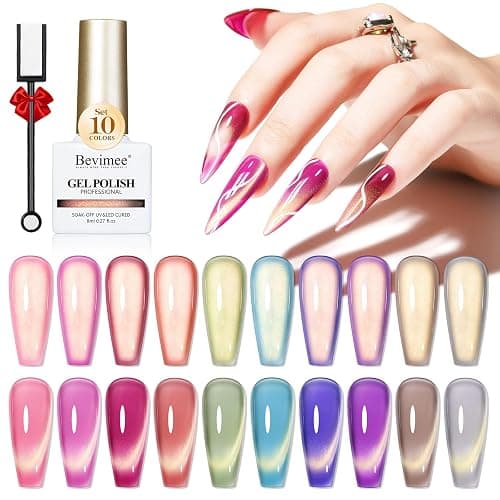 Bevimee Cat Eye Gel Nail Polish Set-10 Colors with Magnet Cats Eye Gel Polish Silver Pink Blue Jelly Glass Effect Crystal Glitter Cateye UV Kit Home Manicure DIY Nail Art - Image 1