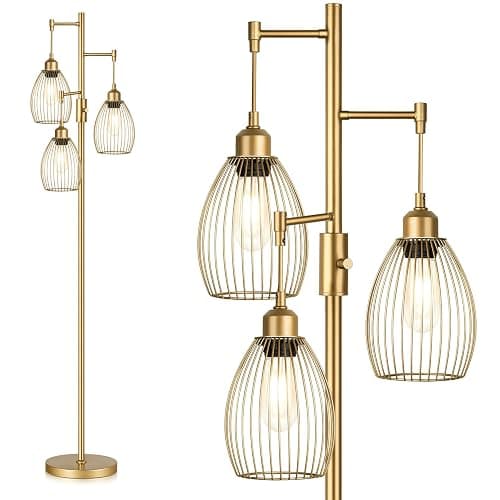 Dimmable Industrial Floor Lamps for Living Room, Gold Tree Standing Tall Lamps with 3 Elegant Teardrop Cage Head & 800 Lumens LED Bulbs for Bedroom Office - Image 1