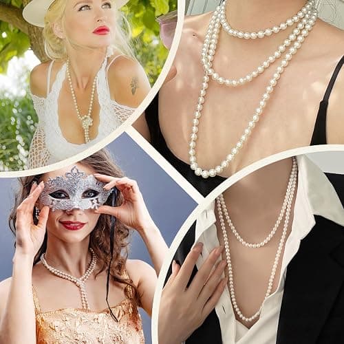 CdbC 59" Long Pearl Necklace, Faux Long Pearl Necklaces for Women, Vintage Elegant Long Pearls, Pearl Necklace Long for Wedding Party 1920s Gatsby Costume Jewelry thumbnail 3