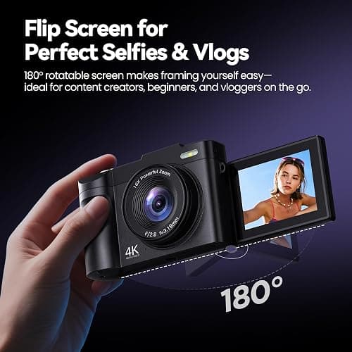 Digital Camera 4K for Photography Vlogging: 50MP Cameras for Video - 16X Zoom Photo Camera Gifts for Teens Ages 8-16 - 180°Flip Screen Compact Cámara - Point and Shoot Digital Cameras for YouTube thumbnail 3