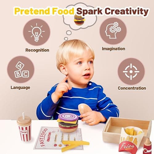 Smartwo Cibo Giocattolo per Bambini, Set di Legno per Hamburger e Patatine Fritte, Fast Food Playset, Alimenti Finto, Accessori Cucinetta, Giochi in Cucina per 2 3 4 5 6 Anni, Regalo Bambino thumbnail 3