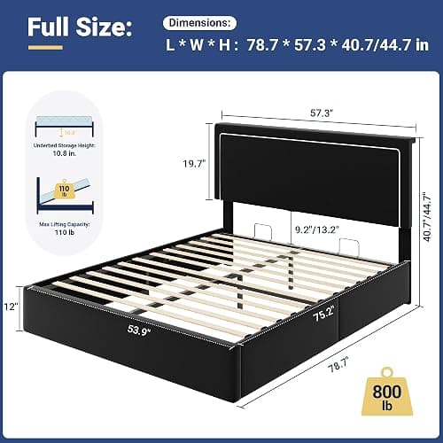 Allewie Full Lift Up Storage Bed Frame with Charging Station, Black | Enclosed Storage, USB & Type-C Charging, Smart LED Lights, Hydraulic Lift, Adjustable Headboard, Velvet Upholstery thumbnail 2