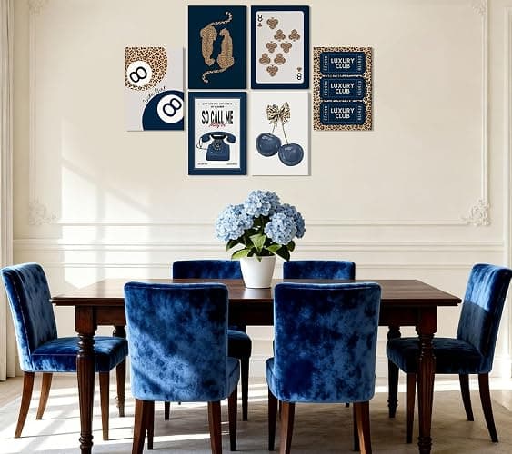 6Pcs Navy Blue Trendy Leopard Canvas Wall Art Fashion Lucky 8 Ball Painting pictures Preppy Y2K Aesthetics Wall Decor Trend Cheetah Prints Artwork for College Dorm Home Decoration 8x10in Framed thumbnail 2