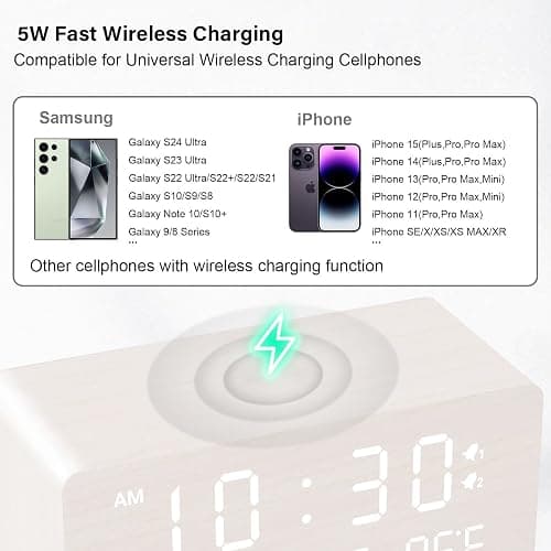 Andoolex Wooden Digital Alarm Clock with Wireless Charging, 0-100% Adjustable Brightness Dimmer and Volume, Weekday/Weekend Mode, Dual Alarm, Snooze, 12/24H, Wood LED Clock for Bedroom (White) thumbnail 4