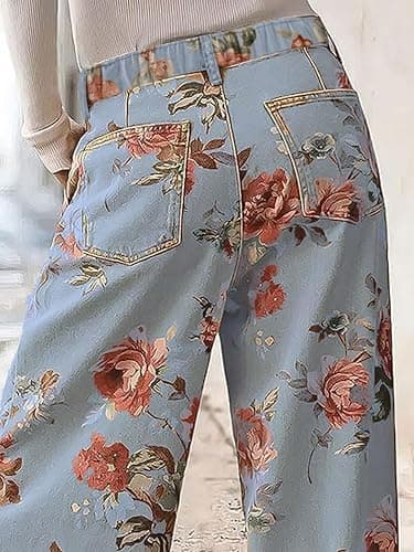 loveimgs Women Mid Rise Cropped Wide Leg Jeans Baggy Floral Ankle Pants Denim Capris Flare Print Boho Palazzo Jeans Boyfriend thumbnail 6