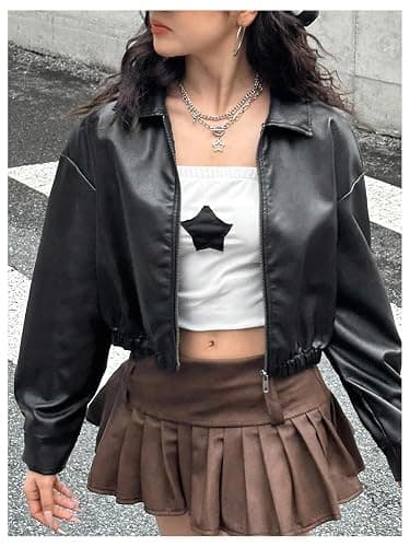 BEAUDRM Girl's PU Leather Jacket Long Sleeve Y2k Jackets Collared Neck Motorcycle Coat Outerwear thumbnail 5