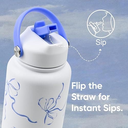 KEWIXY 32 oz Insulated Water Bottle with Straw, Bow Water Bottle Stainless Steel with Flip Straw and Handle, Leak Proof, Metal, Reusable, Wide Mouth, for Travel, Gym and School (Breeze Blue Bow) thumbnail 4