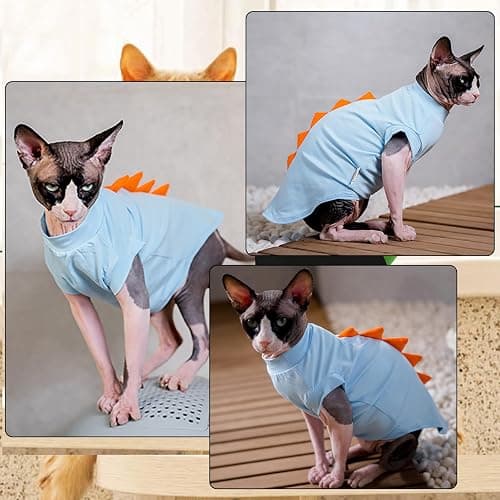 DENTRUN Sphynx Cat Clothes, Cute Dinosaur Design Hairless Cat Costume, Breathable Cotton Shirts Cat Clothes for Cats Only, Round Collar Kitten Daily T-Shirts with Sleeves, Cats Funny Cosplay Apparel thumbnail 2