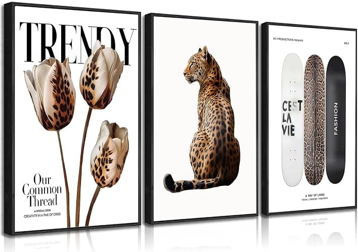 3Pcs Black Framed Trendy Leopard Print Canvas Wall Art Picture Stylish Female Aesthetic Poster Cheetah Printed Preppy Fashion Skateboard Wall Decor for Bedroom Apartment Dorm Living Room 12x16in - Image 1