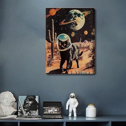 Ijeroain Black Space Cats Wall Art Funny Cat Wall Decor Pictures Cat astronaut painting artwork Cosmic planet Whimsical Print for Boys and Girls Room Bedroom home decoration 16x24in Canvas thumbnail 2