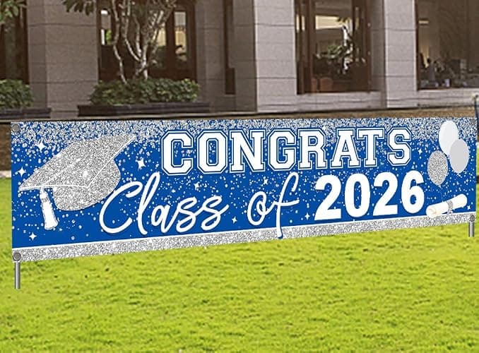 Large Congrats Grad Banner Light Blue Class of 2026 Banner Backdrop 2026 Yard Sign for Graduation Party Supplies Graduation Decorations 2026 (Light Blue) - Image 1