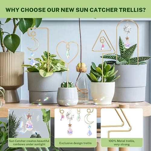 WellSign Small Trellis for Potted Plants Indoor with Colorful Crystal Sun Catcher, 14.17 Inch Metal Plant Lattice for Mini Potted Plant Decoration for Home Window Garden 4 Pack thumbnail 3
