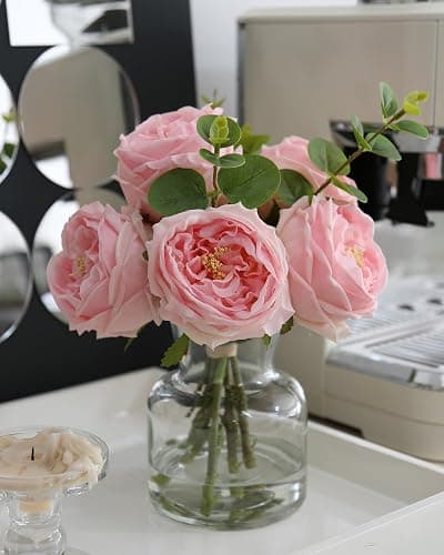 CHASMILE Artificial Flowers with Pink Roses in Vase, Lifelike Fake Flowers in Vase, Faux Flower Arrangements for Dining Table Centerpiece Decor, Table Centerpieces for Dining Room - Image 1
