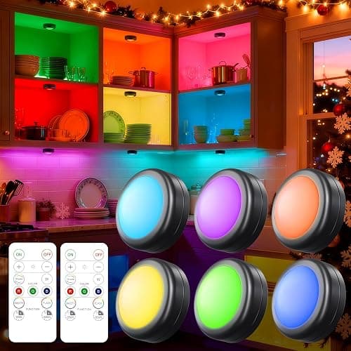 Yiliaw 6 Pack LED Puck Lights Remote Control 16 Color Changeable Under Cabinet Lights, Battery Operated Lights Night Light with Dimmer & Timmer for Closet Bedroom Kitchen, Black - Image 1